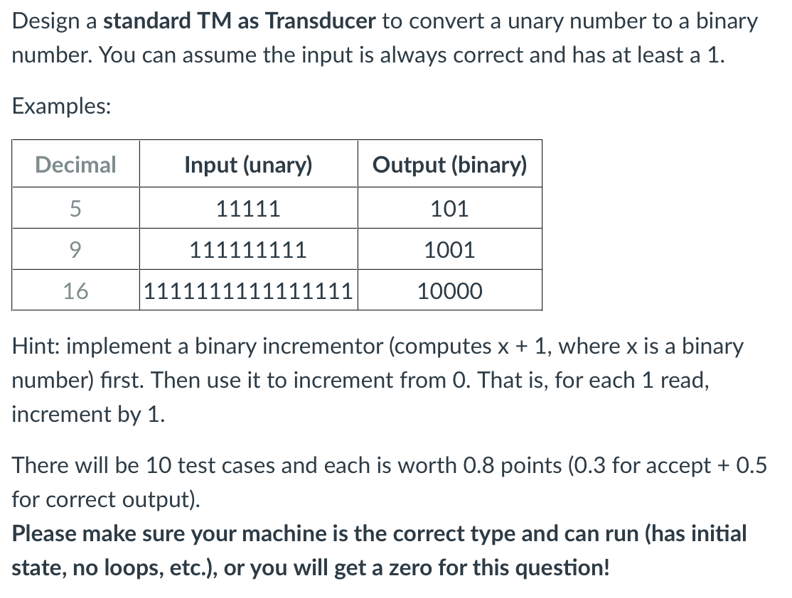 Solved Design a standard TM as Transducer to convert a unary | Chegg.com