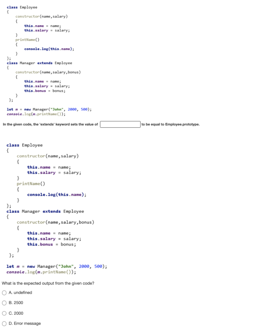 Solved class Employee { constructor (name, salary) { | Chegg.com