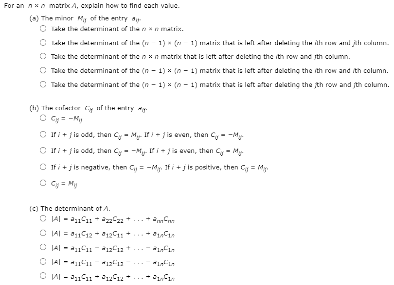 Solved For an nxn matrix A, explain how to find each value. | Chegg.com