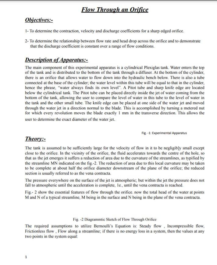 Solved Flow Through an Orifice Objectives: - 1- To determine | Chegg.com