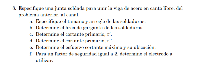 8. Especifique una junta soldada para unir la viga de acero en canto libre, del problema anterior, al canal. a. Especifique e