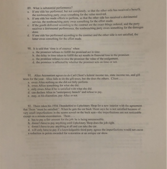 Solved 89 what is substantial performance a if one side chegg