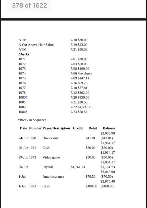 Worksheet for Balancing Your Checking Account 1. | Chegg.com