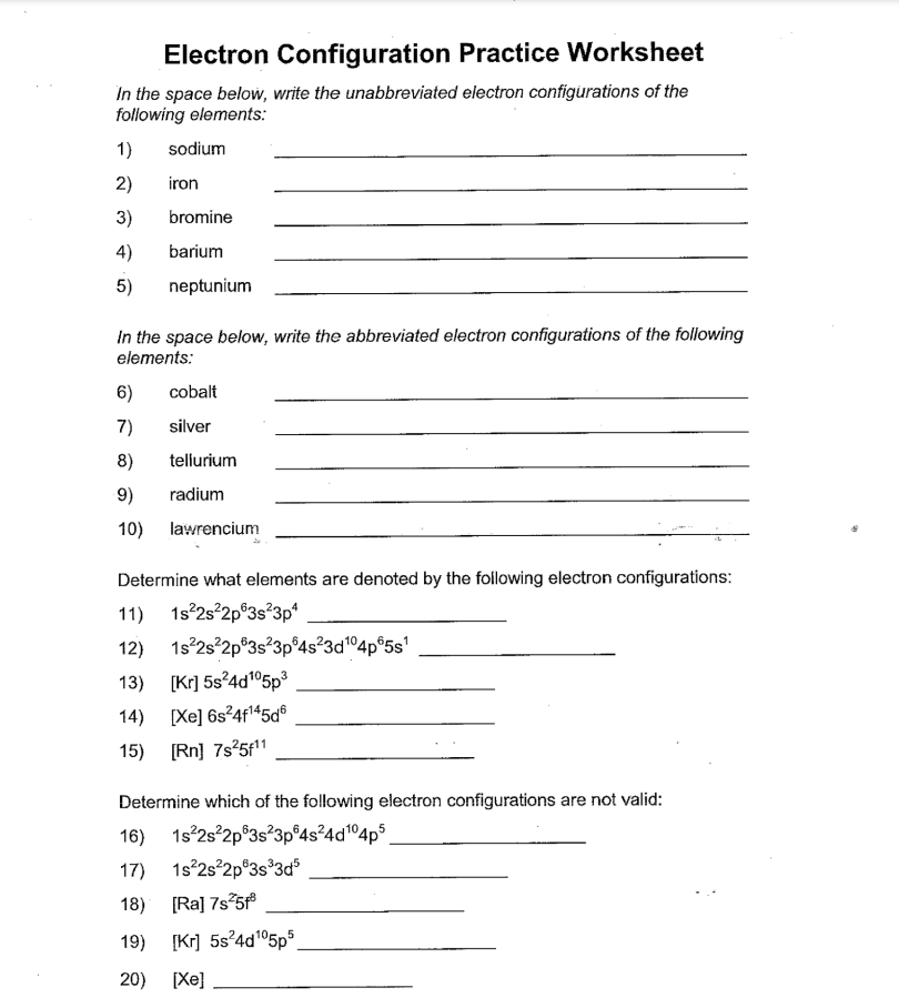 Solved Electron Configuration Practice Worksheet In the | Chegg.com