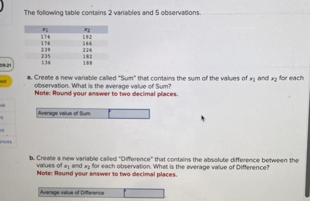 Solved The following table contains 2 variables and 5 | Chegg.com