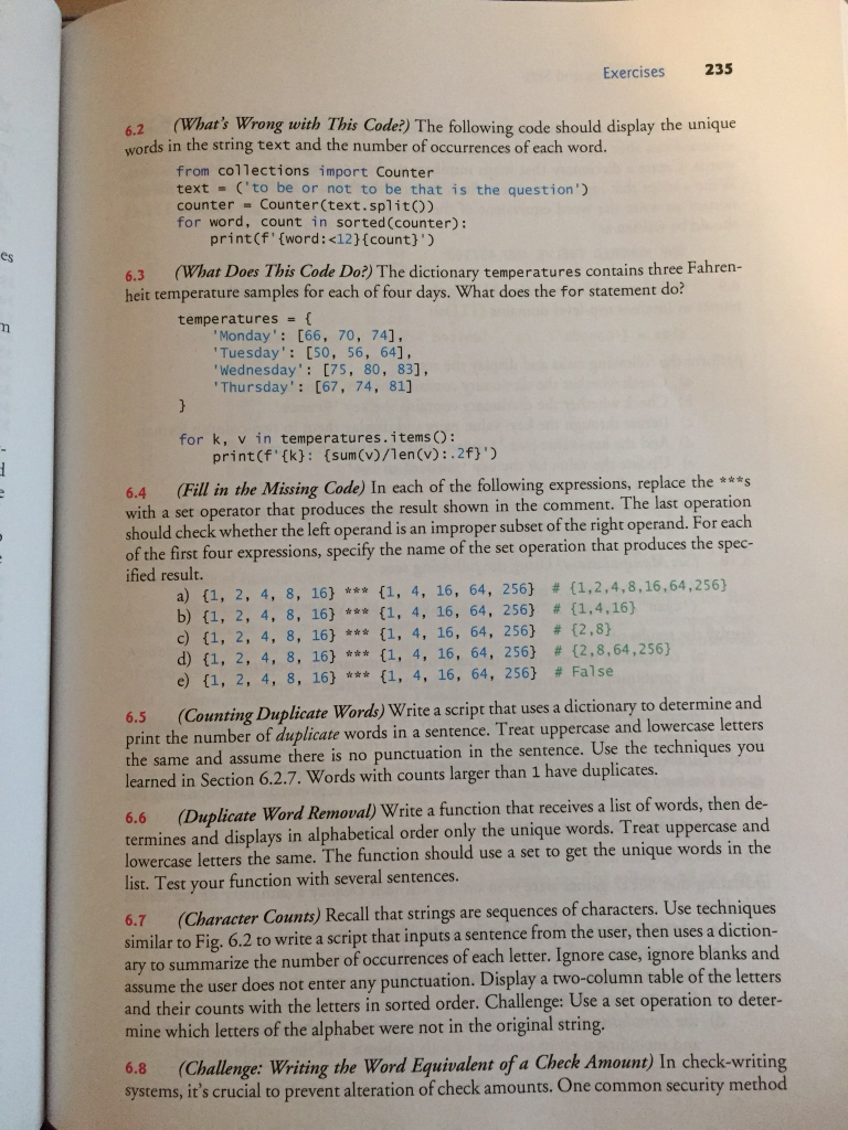 Exercises 235 6.2 es (whats wrong with this code?) the following code should display the unique words in the string text and