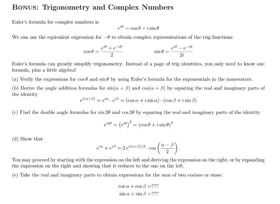 Solved BoNUs: Trigonometry and Complex Numbers Euler's | Chegg.com