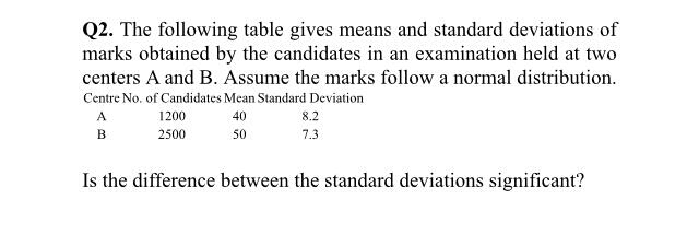 Solved Q2. The following table gives means and standard | Chegg.com