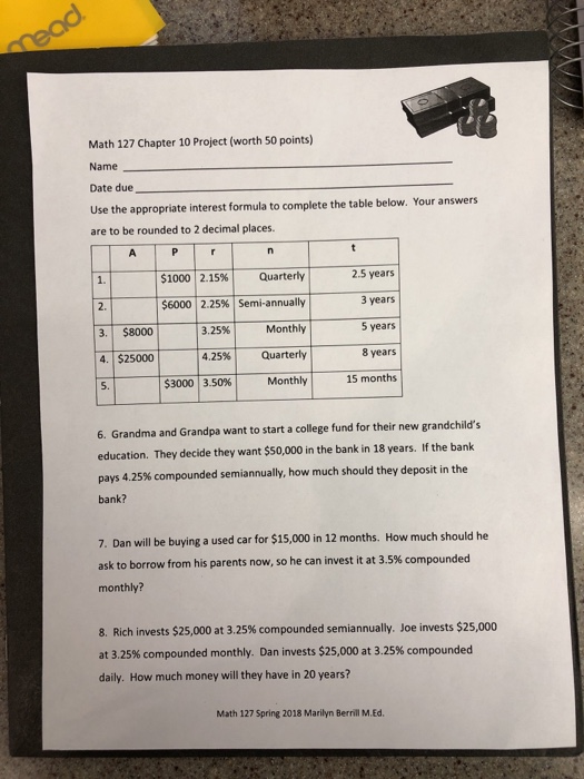 Solved Math 127 Chapter 10 Project (worth 50 points) Name | Chegg.com