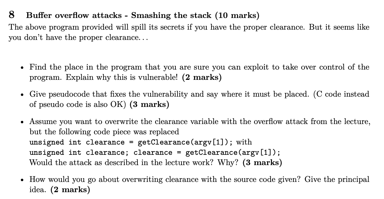 Solved 8 Buffer Overflow Attacks - Smashing The Stack (10 | Chegg.com