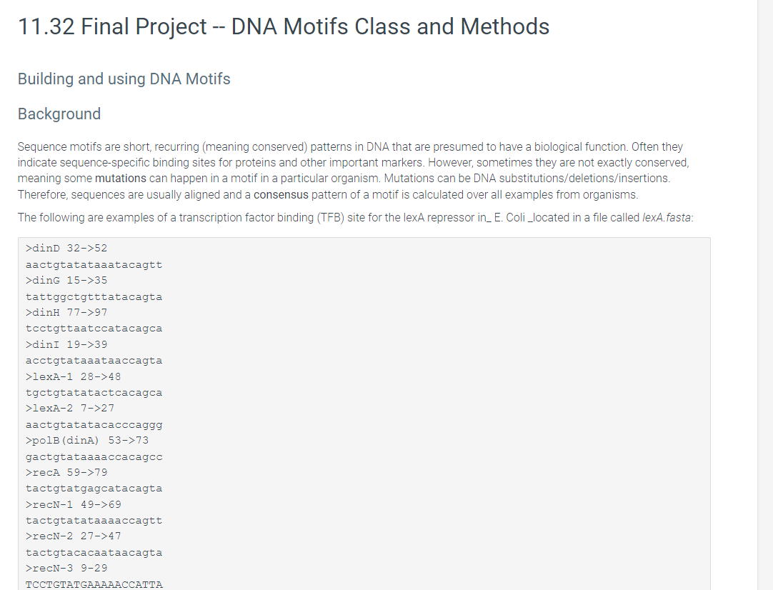 Solved 11.32 Final Project -- DNA Motifs Class and Methods | Chegg.com