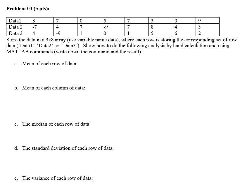 Solved Problem 04 (5 pts): Datal 3 7 0 5 7 3 0 9 Data 2 -7 4 | Chegg.com