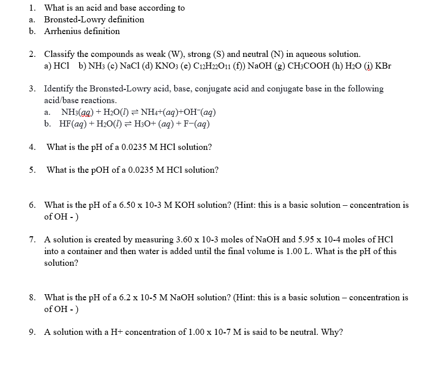 Solved 1. What is an acid and base according to a. | Chegg.com