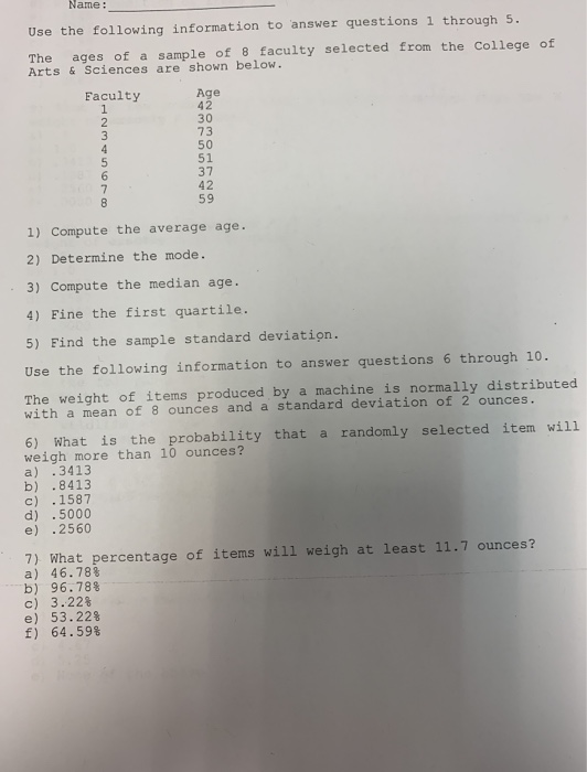 Solved Name: Use the following information to answer | Chegg.com