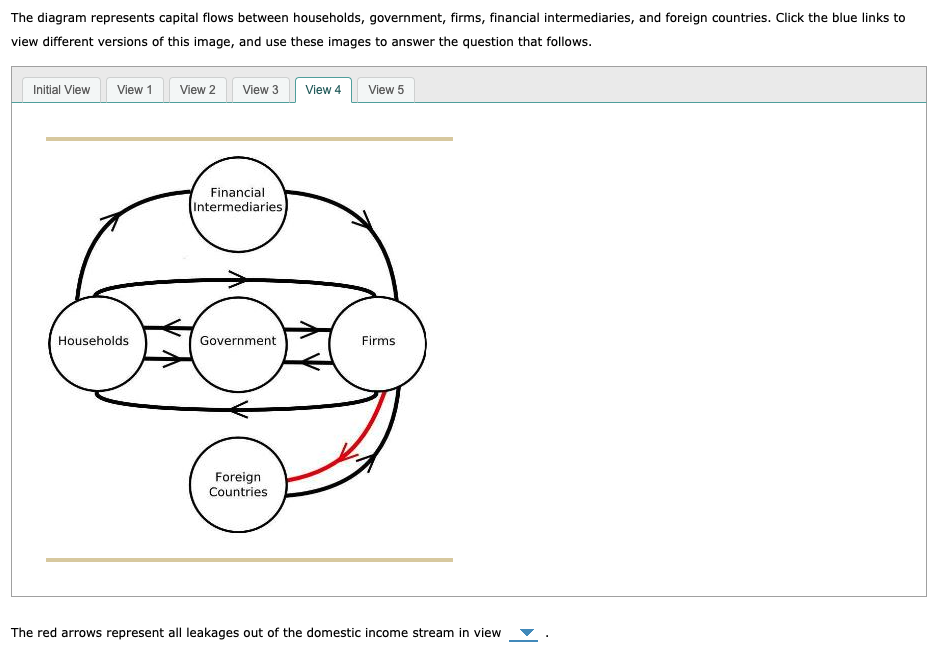 The diagram represents capital flows between households, government, firms, financial intermediaries, and foreign countries. 