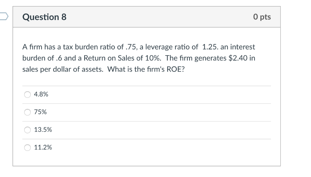 Solved Question 8 0 pts A firm has a tax burden ratio of