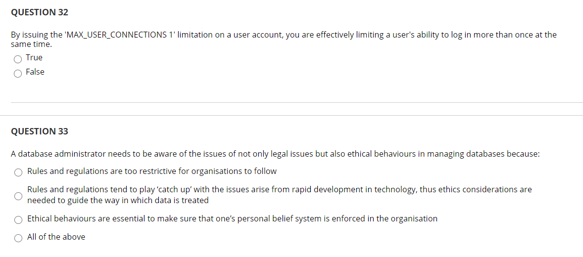 Solved QUESTION 32 By issuing the 'MAX_USER_CONNECTIONS 1' | Chegg.com