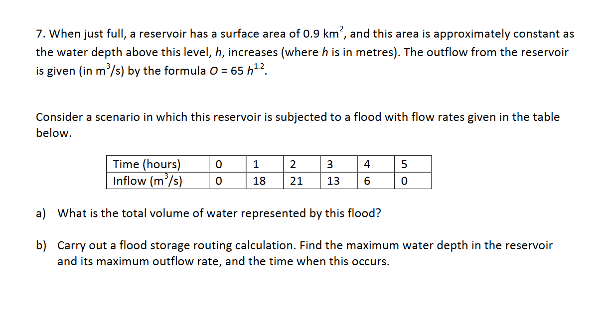 Solved 7. When just full, a reservoir has a surface area of