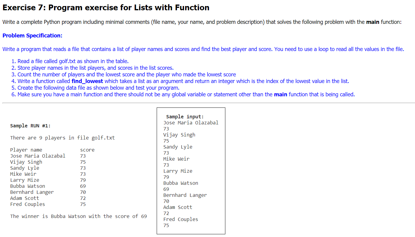 Solved Exercise 7: Program exercise for Lists with Function | Chegg.com