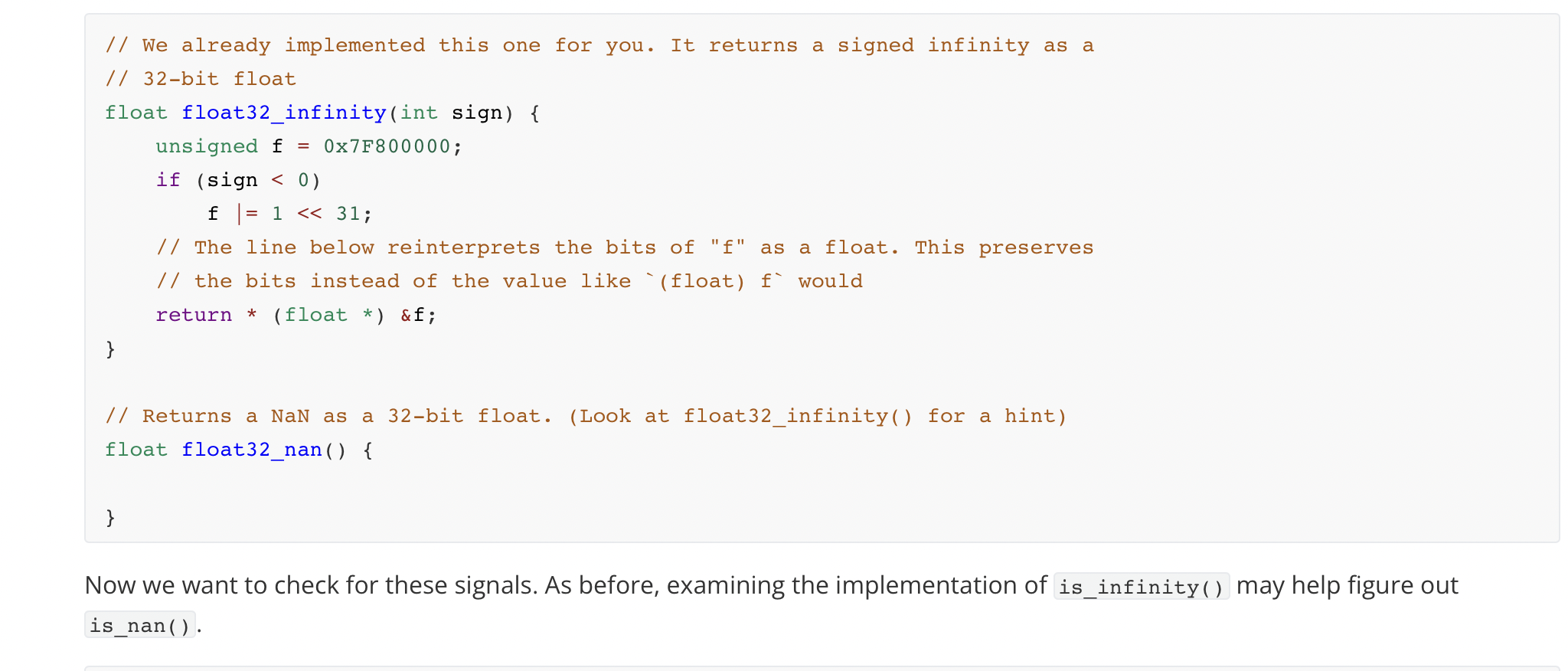 Now we want to check for these signals. As before, examining the implementation of is_infinity() may help figure out