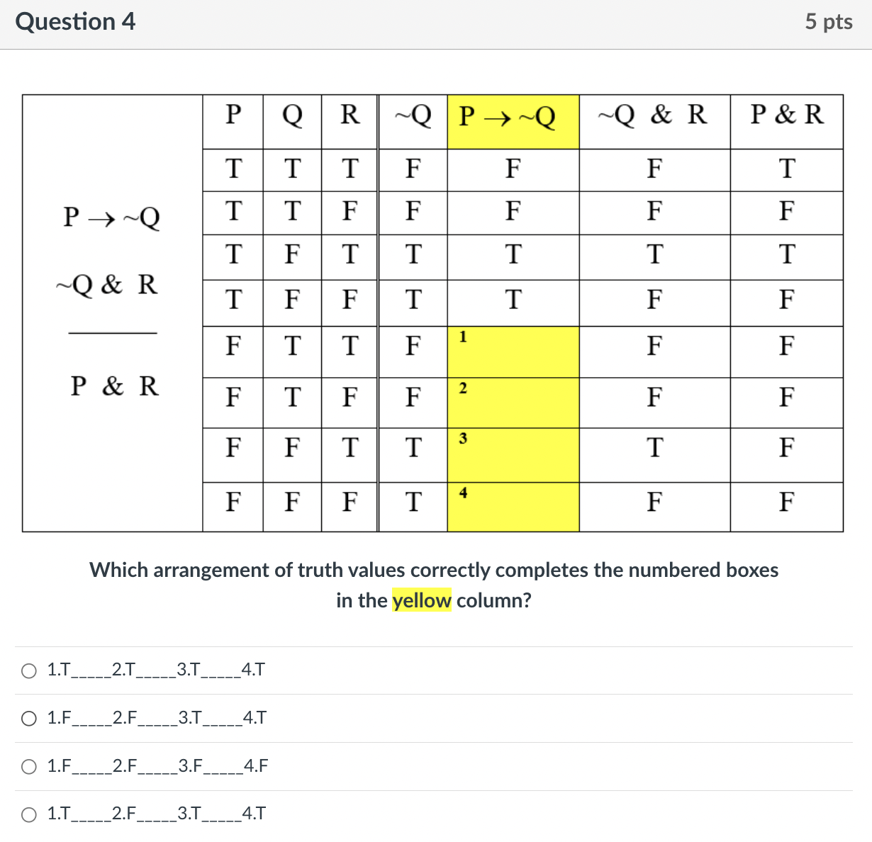 Solved Question 4 Which arrangement of truth values | Chegg.com