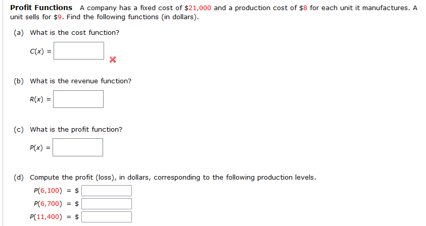 Solved Profit Functions A company has a fixed cost of | Chegg.com