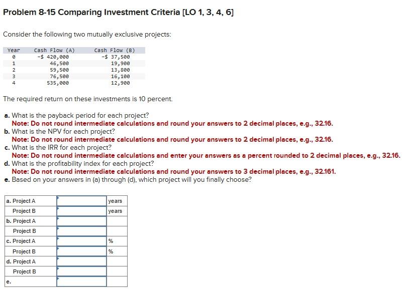 Solved Problem 8-15 Comparing Investment Criteria [LO 1, 3, | Chegg.com