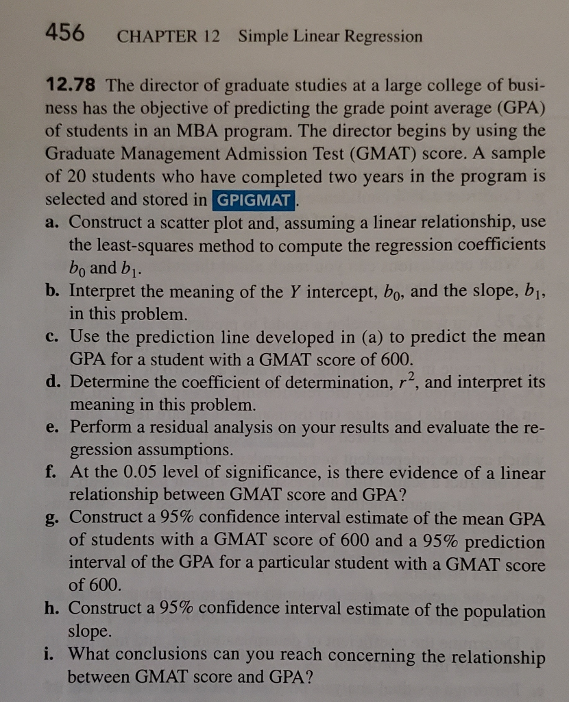 Solved 456 CHAPTER 12 Simple Linear Regression 12.78 The | Chegg.com