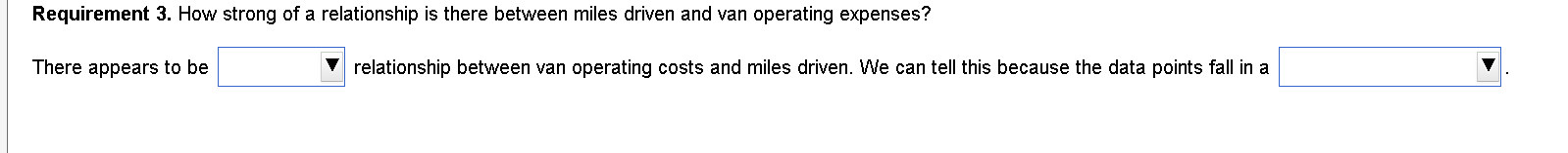 Requirement 3. How strong of a relationship is there between miles driven and van operating expenses?
There appears to be
?re