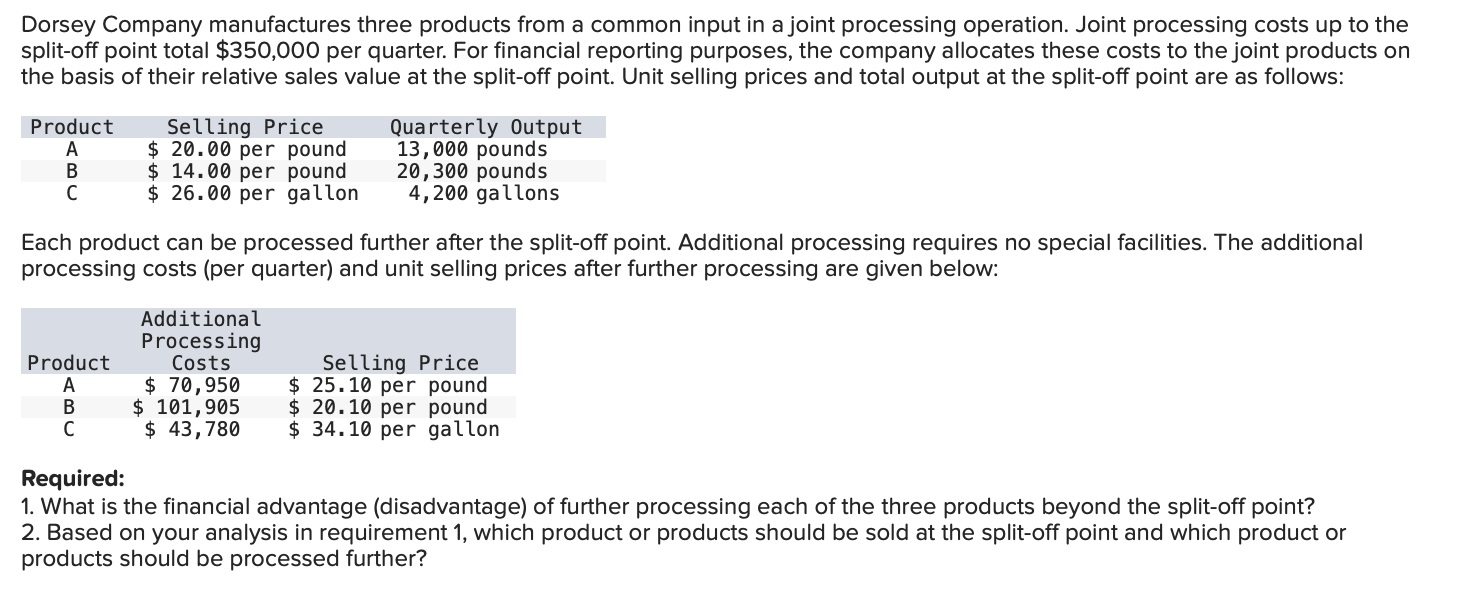 Solved Dorsey Company manufactures three products from a | Chegg.com