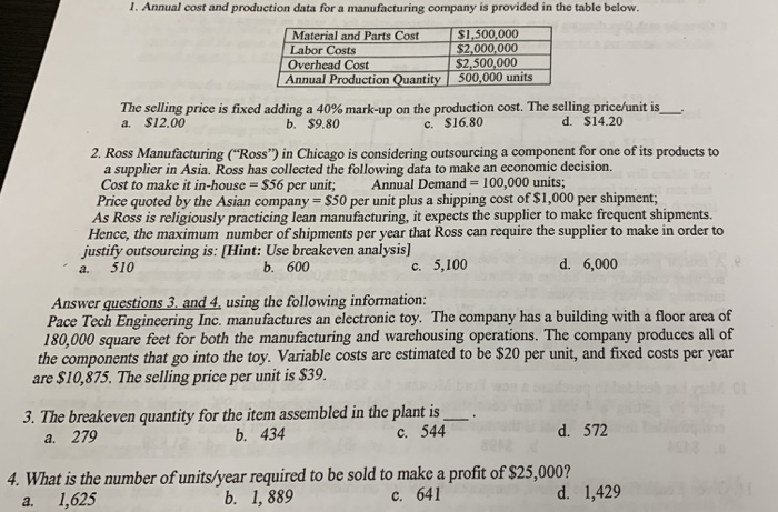 Solved 1. Annual Cost And Production Data For A | Chegg.com