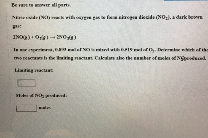Solved Be sure to answer all parts. Nitric oxide (NO) reacts | Chegg.com