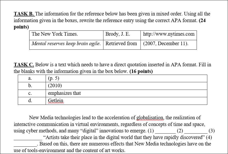 TASK B. The Information For The Reference Below Has | Chegg.com