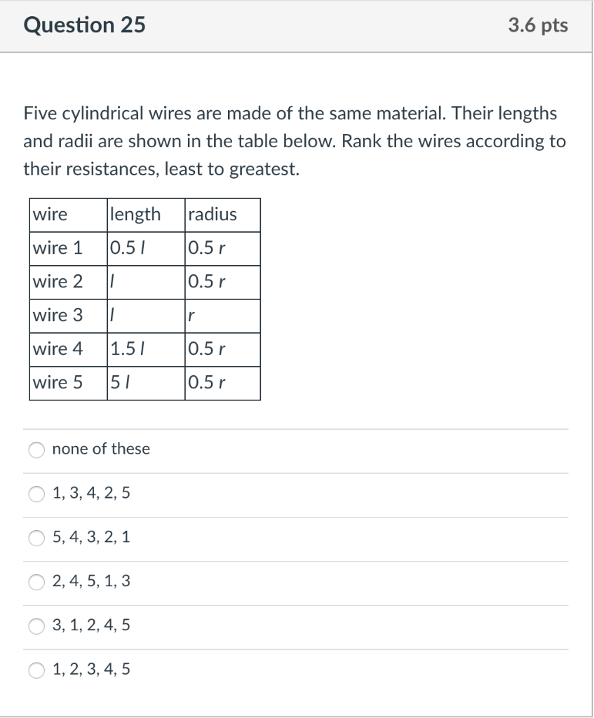 Solved Question 25 3.6 pts Five cylindrical wires are made