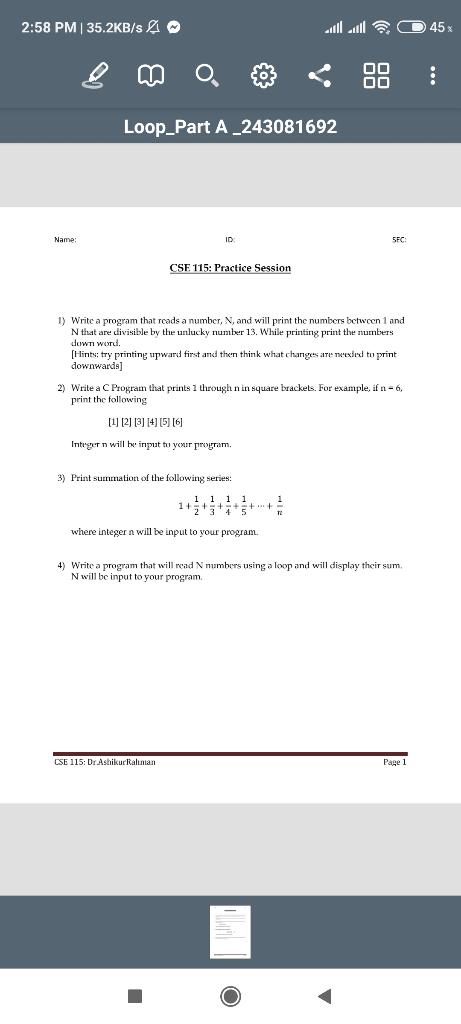 Solved 2:58 PM 35.2KB/s & 45 Loop_Part A _243081692 Name: | Chegg.com