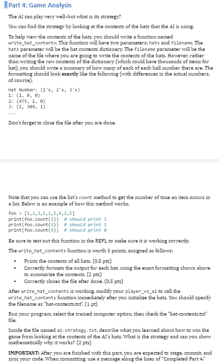 Solved Part 4: Game Analysis The AI can play very well-but | Chegg.com