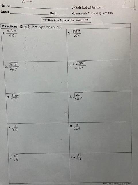 Name: Unit 6: Radical Functions Date: | Chegg.com