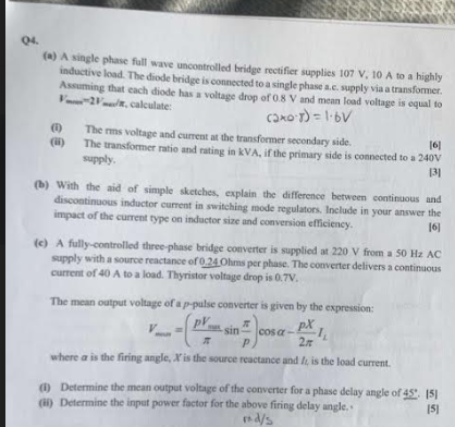 Solved (a) A single phase full wave uncontrolled bridge | Chegg.com