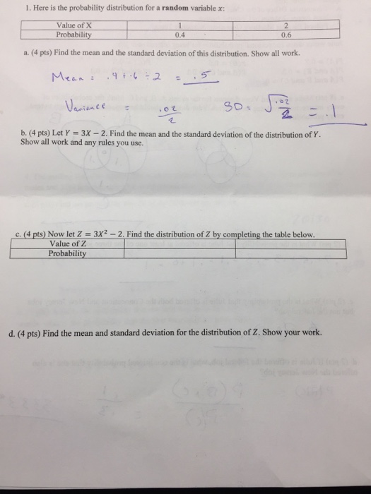 Solved 1. Here is the probability distribution for a random | Chegg.com