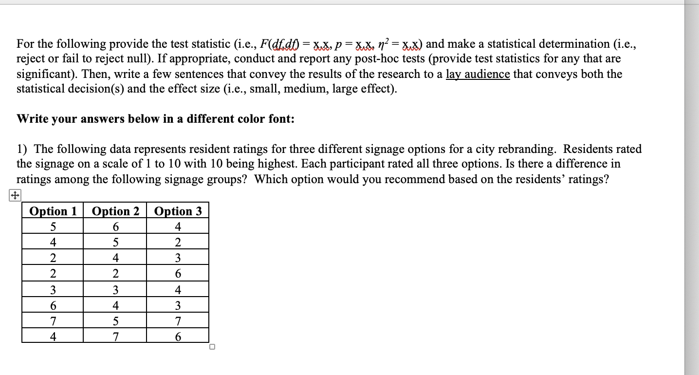 Solved For the following provide the test statistic | Chegg.com