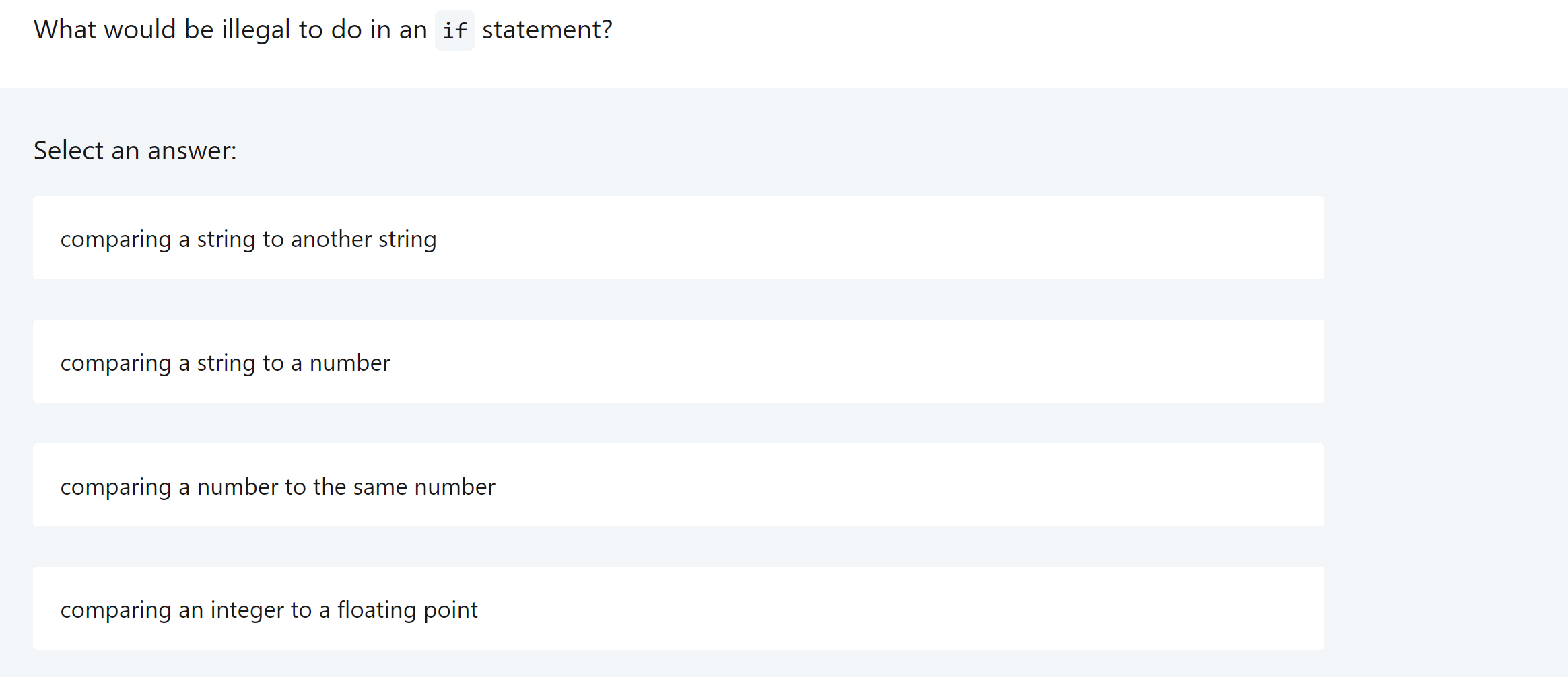 Solved What would be illegal to do in an if statement?Select | Chegg.com