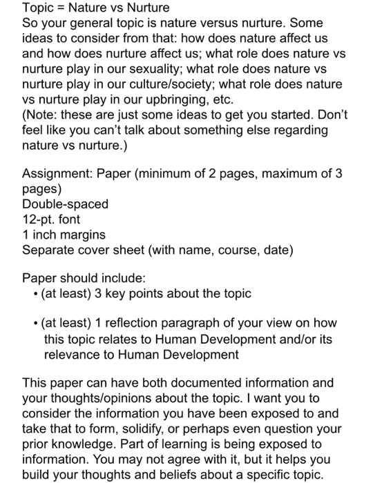 Solved Topic Nature Vs Nurture So Your General Topic Is | Chegg.com