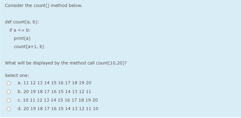 Solved Consider the count() method below. def count(a, b): | Chegg.com