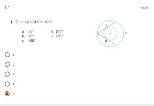 Solved 1. * 1 point 1. Find z if mAB = 100 a 50° b. 80° c. | Chegg.com