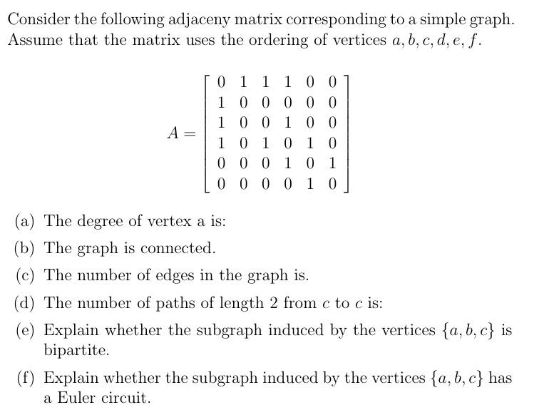 Solved Consider the following adjaceny matrix corresponding | Chegg.com