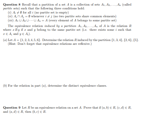 Solved Question 8 ﻿Recall that a partition of ﻿a set A is ﻿a | Chegg.com