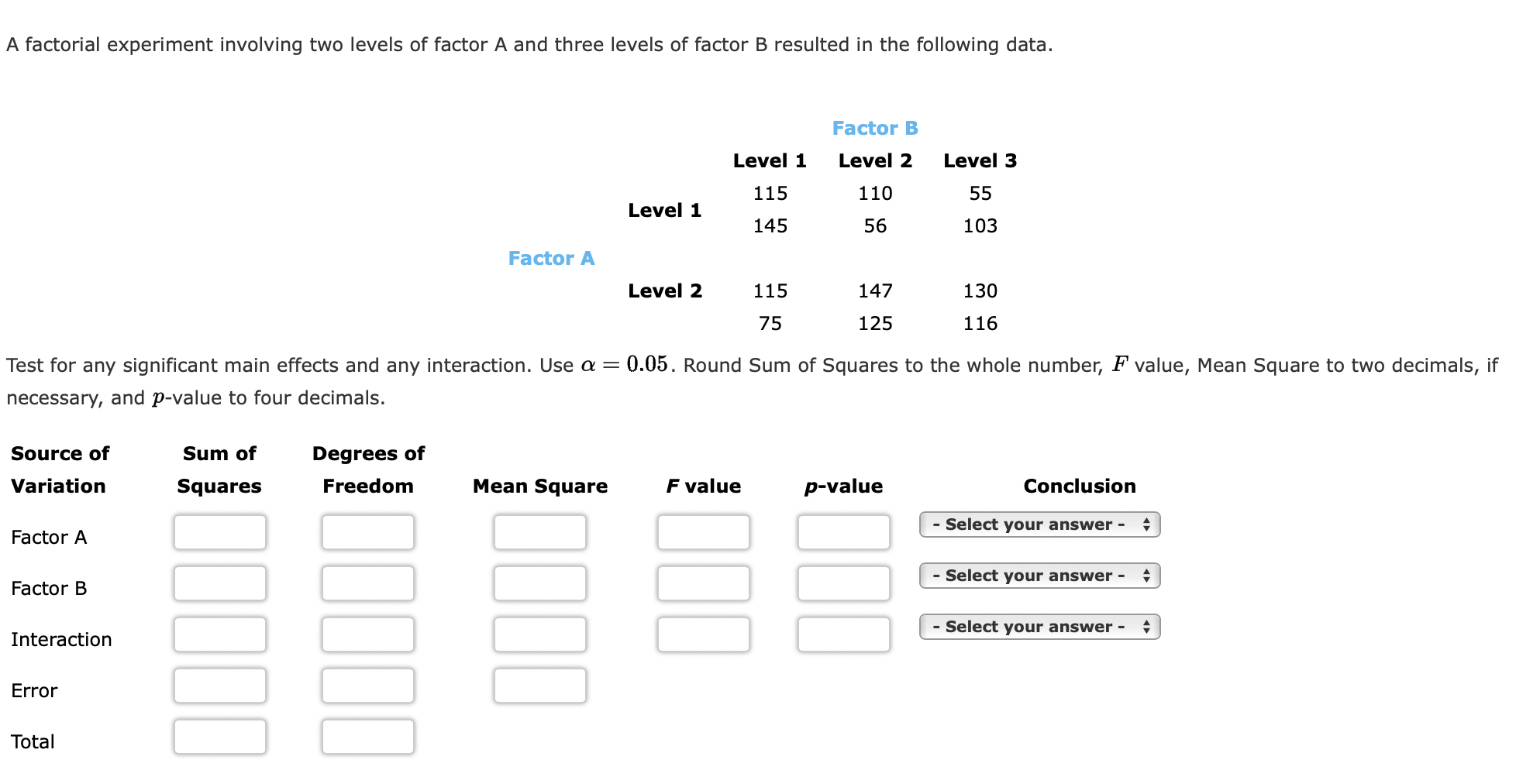 Solved A Factorial Experiment Involving Two Levels Of Factor | Chegg.com