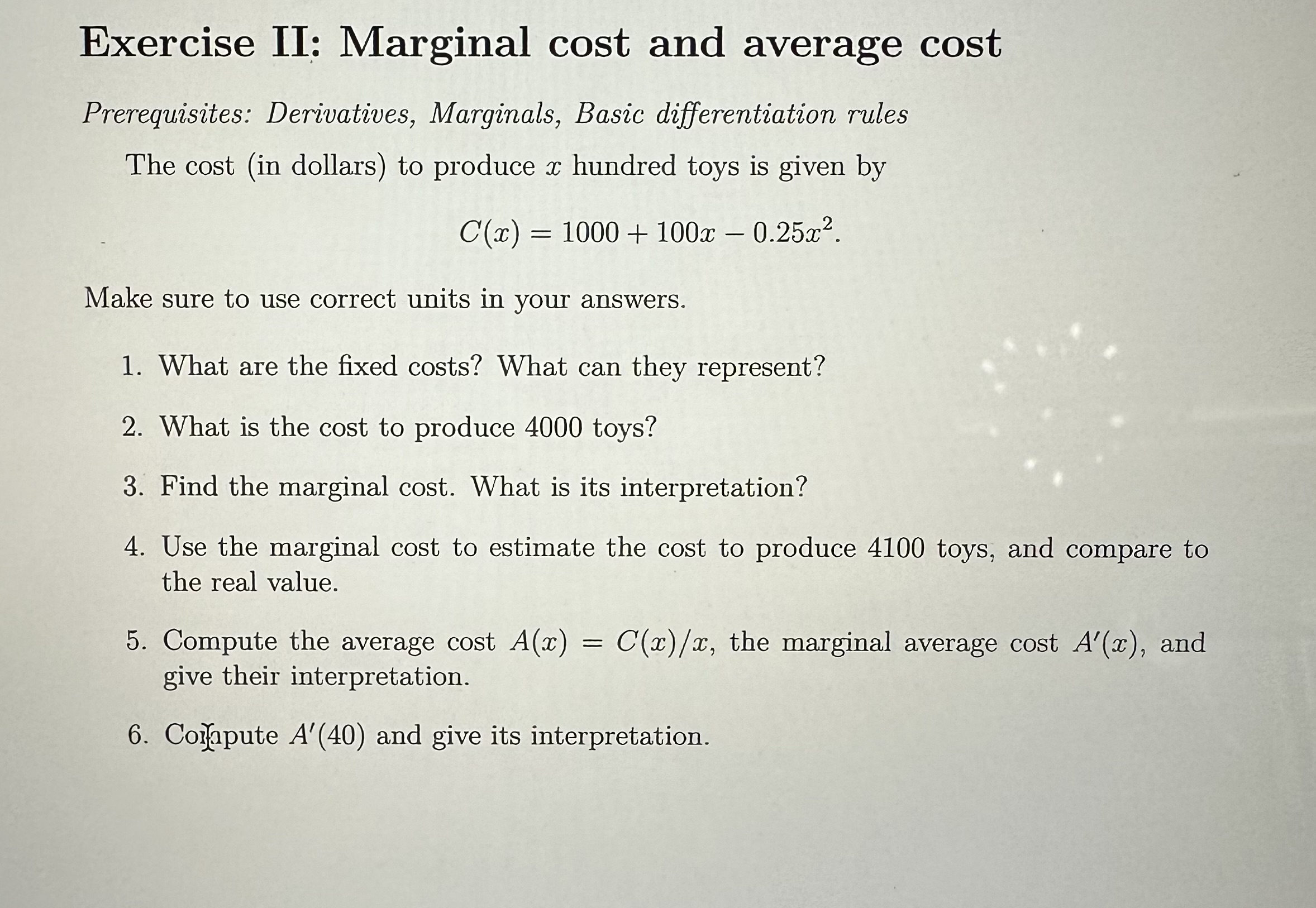 Solved Exercise II: Marginal cost and average cost | Chegg.com