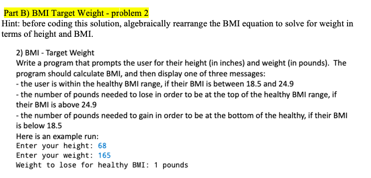 Solved Part B) BMI Target Weight - problem 2 Hint: before | Chegg.com