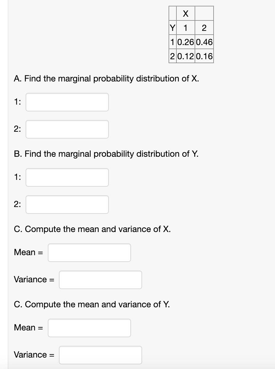 Solved X Y 1 2 1 0.26 0.46 2 0.12 0.16 A. Find The Marginal | Chegg.com